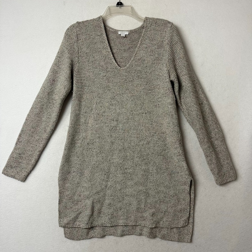 Pure Jill Marled Knit V-Neck Tunic Sweater Beige XS Side Slit Long Sleeve